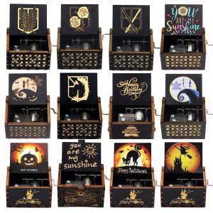 Black Carved Hand Cranked Wooden Music Box Happy Halloween You Are My Sunshine Queen Jurassic Park Children's Day Birthday Gift